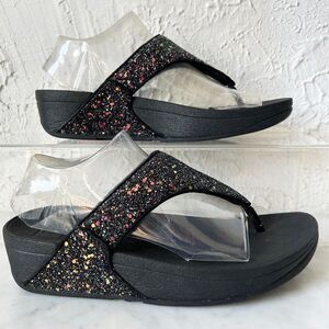 FitFlop Lulu Glitter Toe Post Thong Wedge Heel Sandals Black - Women's Size 7